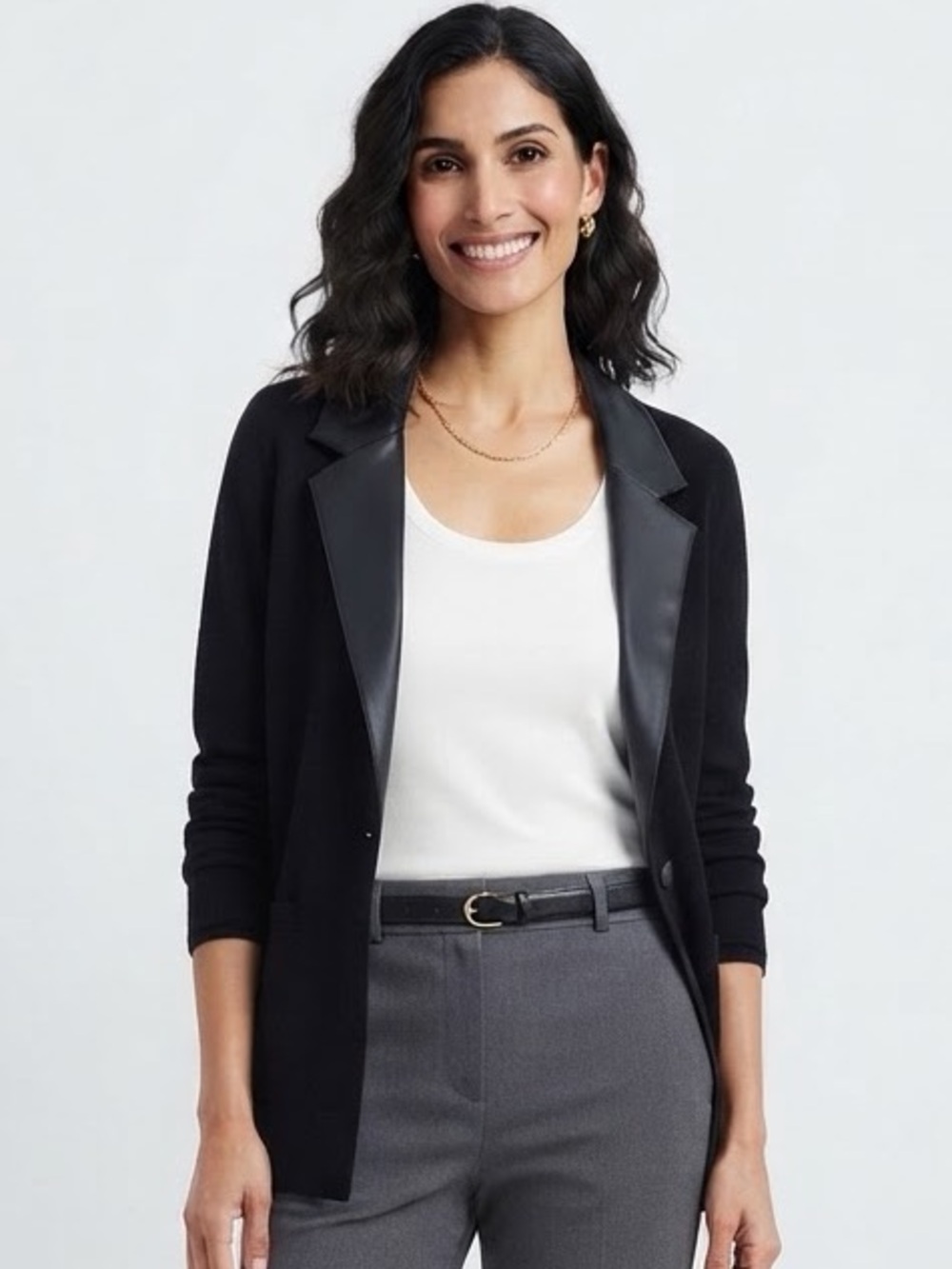 Sioni Black Knit Cardigan Sweater Blazer Faux Leather Lapel Size XL Pockets
